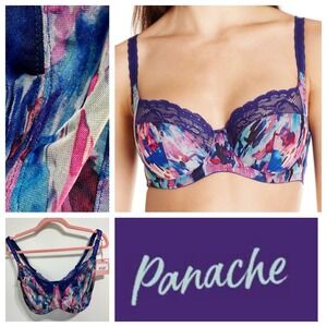 Panache Jasmine Balconnet Bra 30H Abstract Print Blue Pink Lace Underwire 6951